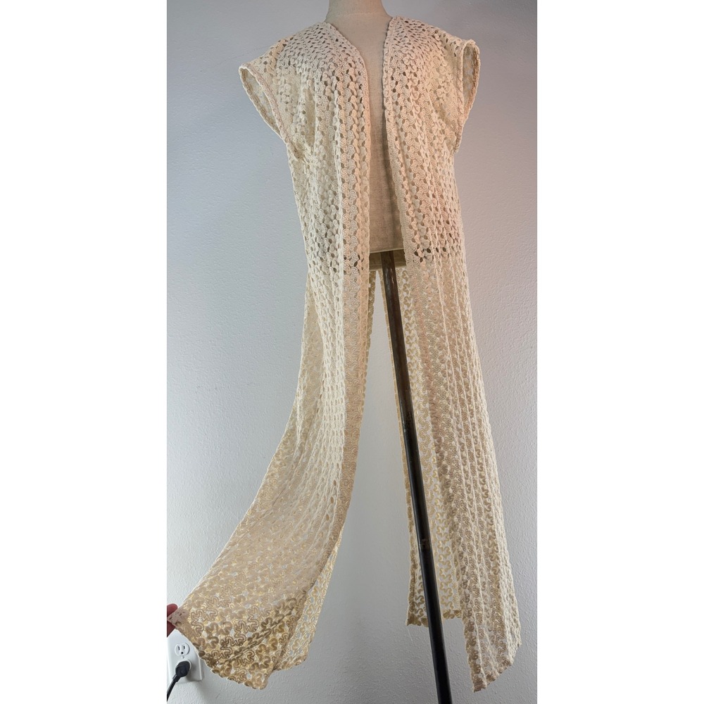 Earthbound Trading Crochet Lace Duster Ivory Boho Open Front Festival Vaca Y2K